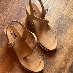 MIA Tan Wedge Sandals with Clear Straps